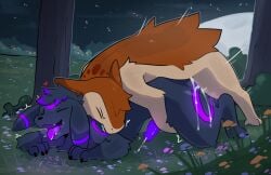 absurd_res anal anal_sex anthro anthro_on_feral anthro_penetrating anthro_penetrating_feral biped black_body black_fur black_nose bodily_fluids closed_eyes cometdragonite cum cum_in_ass cum_inside detailed_background duo eeveelution erection feral feral_penetrated fur generation_2_pokemon genital_fluids genitals heart_symbol hi_res male markings nintendo penetration penile penile_penetration penis pokemon pokemon_(species) purple_markings quadruped sex tongue tongue_out typhlosion umbreon zoophilia