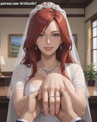 1girls ai_generated artifical_art bride female green_eyes katarina_du_couteau league_of_legends light-skinned_female light_skin long_hair perfect_body red_hair voluptuous_female