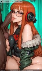 :p ai_generated balls bangs bare_shoulders behind-the-head_headphones black-framed_eyewear blunt_bangs blush breasts clothed_female_nude_male covered_nipples cuckingmama dark-skinned_male dark_skin erection eyebrows_visible_through_hair fellatio female fur-trimmed_jacket fur_trim glasses green_jacket headphones interracial jacket licking licking_penis long_hair male male_pubic_hair medium_breasts nude off_shoulder oral orange_hair penis pubic_hair purple_eyes sakura_futaba shiny spread_legs straight tagme testicles tongue tongue_out very_long_hair
