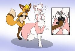 2023 animal_genitalia anthro areola artist_name asherfox_(asherfox94) balls black_markings blonde_hair blue_background blue_eyes breasts brown_markings canid canine closed_eyes colored comic countershade_face countershade_fur countershade_neck countershade_torso countershading devious_grin dipstick_ears dipstick_tail dune_(fox0808) duo ear_markings facial_markings fangs female fox fox0808 fur genitals gloves_(marking) gradient_background hair head_markings heart_(marking) hi_res imminent_transformation leg_markings male mammal markings multicolored_ears navel nipples nude open_mouth orange_body penis pink_body pink_ears pink_fur pink_nose pussy sheath simple_background snout snout_markings socks_(marking) standing tail tail_markings tan_body tan_countershading teeth text tongue tongue_out white_background white_body white_countershading white_ear_tips white_hair white_inner_ear white_markings year zipper