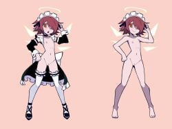 areola_slip arknights belt belt_collar black_belt black_ribbon black_sleeves blush chinese_commentary cleft_of_venus collar commentary_request completely_nude detached_sleeves detached_wings energy_wings exusiai_(arknights) female frilled_thighhighs frills full_body hair_over_one_eye halo hand_on_own_hip hand_up highres hydrogina looking_at_viewer maid_headdress multiple_views navel no_pupils nude open_mouth parody pink_background pussy red_eyes red_hair ribbon ringed_eyes smile style_parody thighhighs traditional_halo uncensored vanripper_(style) white_thighhighs white_wrist_cuffs wings wrist_cuffs
