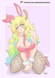 1girls big_breasts black_thighhighs blonde_hair blush breasts breasts_bigger_than_head bunny_ears bunny_girl bunnysuit chrissursilversoul cleavage closed_eyes clothing female female_only hair hips horns huge_breasts legwear long_hair mature mature_female miss_kobayashi's_dragon_maid on_knees quetzalcoatl_(dragon_maid) seductive seductive_eyes seductive_look seductive_pose seductive_smile smile solo solo_female thick_thighs thighs two_tone_hair wide_hips