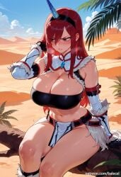 ai_generated balecxi bare_shoulders blue_sky blush cleavage day erza_scarlet fairy_tail female gloves hair_between_eyes hairband horns kirin_(armor) large_breasts long_hair monster_hunter_(character) navel outdoors pelvic_curtain red_eyes red_hair single_horn sitting solo stomach sweat thighs tree