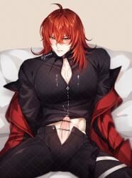 blush breast_window clothed cock cock_slip cum cumming diluc_(genshin_impact) garter_straps genshin_impact jacket jacket_open jianrousus male_only pants rourouki