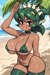 2025 ai_generated beach big_ass big_breasts breasts brown_body female fukua_(skullgirls) green_eyes green_hair micro_bikini pose skullgirls stable_diffusion