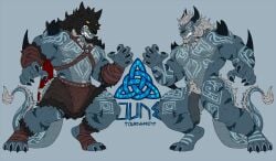 angry anthro barbarian berserker canid canine claws dragon duo genitals hi_res horn hunterramirez lizard male male/male mammal muscular mythological_canine mythological_creature mythological_scalie mythology noe_(hunterramirez) penis reptile scales scalie tattoo viking werecanid werecanine werecreature werewolf