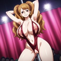 ai_generated big_breasts bloodsuga breasts breasts_bigger_than_head charlotte_pudding clothing erect_nipples exposed_breasts exposed_pussy female female_only one_piece pole puffy_pussy revealing_clothes shaved_pussy solo solo_focus string_bikini strip_club wet wet_pussy