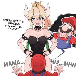 1boy big_breasts big_penis big_thighs big_titties black_text blonde blonde_female blonde_hair blonde_hair_female blue_eyes bowsette breasts brown_hair cap crown eyelashes female futa_on_male futanari hat horns intersex long_hair male moustache mustache overalls penis penis_in_mouth pigwazowzky red_cap red_hat sharp_teeth spiked_bracelet spiked_collar spikes super_crown super_mario_bros. text vein veins veins_on_dick yellow_hair_tips