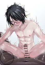2boys amachihiro_(artist) anal anal_sex anonymous_male black_hair breath breathing buttjob censored censored_penis chest closed_eyes cowboy_position cross_earrings cum cum_outside cumming dark-skinned_male dark_skin dick dirty_old_man earrings fat fat_male focus focus_on_ass focus_on_penis gay gay_anal gay_male gay_sex glasses heart leaking_cum light-skinned_male light_skin male male/male male_only male_penetrating male_penetrating_male naked naked_male nipples nude nude_male oc open_mouth original original_character penis penis_in_ass sex shivering spread_legs sweat sweatdrop sweating takamichi_satou tremble_lines trembling twink yaoi