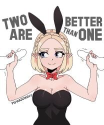 big_breasts big_thighs big_titties breasts bunny_ears bunny_girl bunny_girl_suit bunnysuit clothing curvaceous curvaceous_female curvaceous_figure curvy curvy_figure curvy_hips elf_ears elf_female elf_girl female female_focus female_only looking_at_viewer multiple_penises pigwazowzky princess_zelda short_hair text the_legend_of_zelda yellow_hair