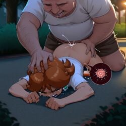 1boy 1girls ai_generated angry_expression belly brown_hair clothing crying cum_in_pussy doggy_style duo ejaculation fat fat_belly fat_male fertilization grabbing_head held_down human human_on_human larger_male light-skinned_female light_skin male male/female male_raping_female mammal mario_(series) mature mature_female mature_male night nintendo obese obese_male outdoors overweight overweight_male penis_in_pussy princess princess_daisy rape royalty sex sperm_meets_ovum straight straight_sex ugly_bastard unwanted_impregnation white_shirt