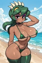 2025 ai_generated beach big_ass big_breasts breasts brown_body female fukua_(skullgirls) green_eyes green_hair micro_bikini pose skullgirls stable_diffusion