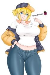 1girls big_breasts blonde_hair blue_eyes breasts cameltoe cap curvy el_diario_de_jonathan female green_eyes hair_bun heterochromia jacket jayden_murtons light_smile lips nipple_bulge pants pasioneillustrations short_hair smile solo sweat thick_thighs