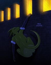 animal_humanoid anthro argonian ass bethesda_game_studios black_and_white breasts claws climbing_wall clothing deadmann dragon dragon_humanoid feet female finger_claws fingerless_gloves genitals gloves green_body green_scales handwear hi_res humanoid karma_(deadmann) knife microsoft monochrome mythological_creature mythological_scalie mythology nudist oblivion presenting presenting_hindquarters pussy raised_tail reptile scales scalie smug solo tail the_elder_scrolls thief toe_claws tongue