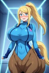 ai_generated anthro anthro_only blonde_hair blush body_transformation centaur embarrassed huge_breasts metroid perchance_ai ponytail samus_aran surprised zero_suit