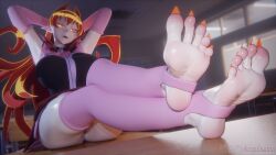 3d 3d_(artwork) aequd aequdsama ameri_azazel armpits ass clothed_female elf_ears feet foot_focus large_breasts long_hair long_hair_female long_toenails mairimashita!_iruma-kun orange_eyes orange_hair orange_nails panties pink_stockings skirt stirrup_legwear stirrup_socks toes
