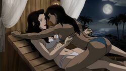 2girls arms asami_sato ass avatar_legends back bare_arms bare_legs bare_shoulders beach bikini black_hair black_lipstick blue_bikini blue_swimsuit brown_hair canon_couple curtains dark-skinned_female dark_skin eye_contact female female_only full_moon hair_down imminent_kiss interracial korra legs lips lipstick long_hair looking_at_another medium_breasts midriff moon multiple_females multiple_girls mutual_yuri navel night red_lipstick sandralvv smooth_skin swimsuit the_avatar the_legend_of_korra untying water_tribe white_bikini white_swimsuit yuri