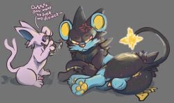 anus ass blue_body blue_fur bodily_fluids boxofmonsters crossed_arms dark_body dark_fur duo eeveelution espeon felid feline flaccid frown fur generation_2_pokemon generation_4_pokemon genitals glowing glowing_eyes glowing_tail hi_res humor hypnosis lion luxray lying male male/male mammal mind_control musk nintendo pantherine paws penis pink_body pink_fur pokemon pokemon_(species) pokemon_only scowl sitting spiked_fur sweat sweaty_butt tail