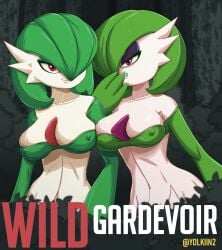 2girls anthro areola_slip areolae arm_at_side bangs bare_shoulders bob_cut breasts clavicle cleavage closed_mouth clothing colored_skin covered_erect_nipples english_language english_text erect_nipples_under_clothes eyeshadow female furry futanari gardevoir gen_3_pokemon green_hair green_skin grin groin hair_over_one_eye half-closed_eyes hand_to_own_mouth hand_up happy high_resolution intersex large_breasts limited_visibility looking_at_another makeup multicolored_skin multiple_girls navel nipples off_shoulder one_eye_covered outdoors pokemon pokemon_species red_eyes sharp_teeth short_hair skindentation smile standing stomach teeth text tree two-tone_skin upper_body wardrobe_malfunction white_skin yolkiin