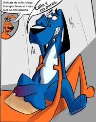 alien anal anal_sex anthro anthro_on_anthro anthro_penetrated anthro_penetrating anthro_penetrating_anthro balls big_balls black_ears blue_body blue_fur bulge canid canine canis domestic_dog duo feet foreskin fur genitals hi_res humanoid_genitalia humanoid_penis long_ears male male/male mammal nick_&_perry nick_(nick_&_perry) orange_body orange_fur penetration penile penile_penetration penis penis_in_ass perry_(nick_&_perry) roocky sex spanish_text submissive submissive_male text uncircumcised