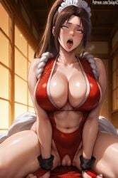 1girls ahe_gao ai_generated big_breasts brown_eyes brown_hair cutout fatal_fury female female_only hair_ribbon high_ponytail king_of_fighters mai_shiranui maid_headdress mostly_clothed navel open_mouth patreon ponytail pussy rolling_eyes salupai snk solo solo_female swimsuit thick_hips thick_thighs uncensored watermark