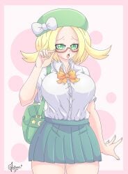 bianca_(pokemon) big_breasts blonde_hair breasts_bigger_than_head chrissursilversoul glasses green_eyes nintendo pokemon skirt white_shirt