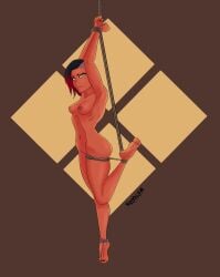 1girls accessory bondage colored_hair dark_skin girl oc original_character piercing red_hair ring rope rope_bondage royalforcemeat small_breasts smile smirk snake_eyes snake_girl tied tied_hands tied_up yellow_eyes yuan-ti