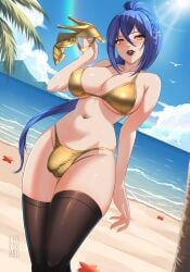 balls beach big_breasts bikini black_lipstick blonde_hair brown_eyes bulge decima final_fantasy final_fantasy_xiv futanari gold_bikini leofoxart oc ocean palm_tree penis square_enix thighhighs