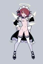 areola_slip arknights bandaid bandaid_on_pussy bandaids_on_nipples belt belt_collar black_belt black_ribbon black_sleeves blush chinese_commentary collar commentary_request detached_sleeves detached_wings energy_wings exusiai_(arknights) female frilled_thighhighs frills full_body grey_background hair_over_one_eye halo hand_on_own_hip hand_up highres hydrogina looking_at_viewer maid_headdress navel no_pupils open_mouth parody pasties red_eyes red_hair ribbon ringed_eyes smile solo style_parody thighhighs traditional_halo vanripper_(style) white_thighhighs white_wrist_cuffs wings wrist_cuffs