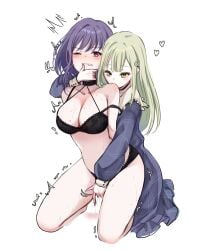 ! !! 2girls bang_dream! bang_dream!_it's_mygo!!!!! bite_mark bite_mark_on_shoulder biting biting_another's_shoulder black_panties blue_dress blush breasts cleavage commentary dress fingering green_hair hair_ornament hairclip hashtag-only_commentary heart hickey highres kneeling large_breasts long_hair long_sleeves multiple_girls one_eye_closed panties parted_lips pink_eyes ppora purple_hair pussy_juice reach-around simple_background sweat underwear wakaba_mutsumi white_background yellow_eyes yuri yuutenji_nyamu