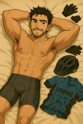 ai_generated athletic athletic_male beard bed bedroom_setting cycling_uniform cyclist handsome_man hunk jacked laying_on_bed lycra male male_only muscular muscular_male seducing seductive_look seductive_smile short_hair smirking strong sweat sweating sweaty_body teasing_viewer