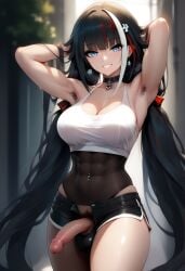 abs ai_generated armpit_hair armpits athletic_futa athletic_futanari azur_lane balls_under_clothes black_hair blue_eyes breasts choker deutschland_(azur_lane) futanari intersex large_breasts long_hair multicolored_hair penis penis_out pubic_hair short_shorts shorts smiling streaked_hair tank_top