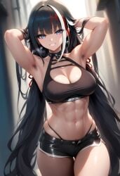 abs ai_generated armpit_hair armpits athletic_female azur_lane blue_eyes breasts choker deutschland_(azur_lane) female long_hair medium_breasts multicolored_hair short_shorts smile street tank_top