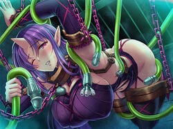 ass blush bondage bondage_clothes bound breasts chains curvy demon_girl embarrassed female heavy_breathing horn huge_ass huge_breasts licking lilith-soft long_hair moaning nimie nipples puffy_nipples purple_hair saijou_satoru shiny shiny_skin sitting solo sweat sweater taimanin_(series) taimanin_asagi taimanin_asagi_battle_arena tentacle underwear