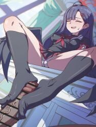 1boy 1girls black_hair black_socks black_wings blue_archive blush censor_bar censored censored_penis cleft_of_venus closed_eyes dark-skinned_male feet_on_penis foot_fetish footjob footjob_with_legwear funen_gomi high_resolution ichika_(blue_archive) justice_task_force_(blue_archive) light-skinned_female red_hairclip red_halo sitting_on_table toes white_panties