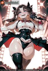 ai_generated asmutcriminal black_hair black_panties blue_eyes blush bow breasts earrings female gloves hair_ribbon heart heart-shaped_pupils holding jewelry long_hair long_sleeves looking_at_viewer medium_breasts microphone open_mouth panties ribbon skirt solo stage sweat symbol-shaped_pupils tagme thick_thighs thighhighs thighs tohsaka_rin underwear