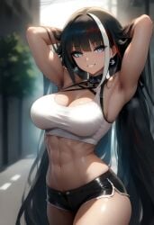 abs ai_generated armpit_hair armpits athletic_female azur_lane blue_eyes breasts choker deutschland_(azur_lane) female long_hair medium_breasts multicolored_hair short_shorts smile street tank_top