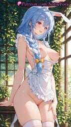 1girls 2025 ai_generated animal_ears apron bangs blue_hair blush braid breasts earrings female female_only frilled_apron hair_over_shoulder hi_res highres hololive jewelry long_hair medium_breasts naked_apron natsuyoru nipples open_mouth patreon pekomama plant pussy rabbit_ears rabbit_girl red_eyes smile solo thick_eyebrows thighhighs thighs vagina voluptuous voluptuous_female white_apron white_thighhighs
