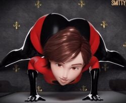1girls 3d 3d_animation against_wall amber_eyes animated animated_image ass_focus ass_shake big_ass bird's-eye_view brown_hair clothed elastigirl female female_focus female_only gloves helen_parr high-angle_view latex looking_at_viewer milf short_hair smitty34 solo superheroine tagme the_incredibles thick_thighs twerking