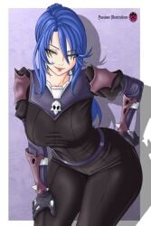 1girls big_ass big_breasts blue_hair breasts crow_ornament curvy_figure el_diario_de_jonathan female green_eyes hair_bun leather leather_clothing leather_gloves light_smile lips long_hair looking_at_viewer pasioneillustrations pose samantha_cortez smile solo sweat thick thick_ass thick_legs thick_thighs