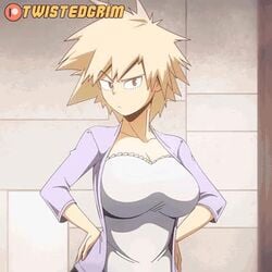 1:1 1girls animated bare_shoulders black_bra blonde_hair bouncing_breasts bra breast_press breast_squeeze breasts breasts_out cleavage female female_only flashing frown grin huge_breasts looking_at_viewer mature mature_female milf mitsuki_bakugou mother my_hero_academia naughty_face no_sound off_shoulder open_mouth presenting presenting_breasts pulling_down_shirt raised_eyebrow red_eyes shirt shirt_pull short_hair shorter_than_10_seconds shoulders smile smug solo twistedgrim underboob underwear undressing video