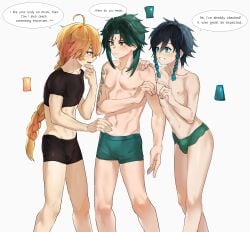 aether_(genshin_impact) bana_gameg blue_hair body_type boy braid braided_ponytail crop_top gay green_hair midriff navel nervous nipples ribs shy skinny tattoo teasing text twink underwear venti_(genshin_impact) xiao_(genshin_impact) yellow_hair