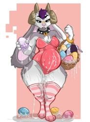 4_fingers anthro antlers bandage bandage_on_face basket bedroom_eyes belly big_ears bovid bracelet caprine chest_tuft clothing collar container easter easter_basket easter_egg egg eggs_in_belly erect_nipples facial_piercing fatigue_(artist) female fingers goat hi_res holidays horn hybrid jackalope jewelry lagomorph legwear leporid lip_piercing lube lube_bottle lube_drip mammal narrowed_eyes nipples oviposition pattern_clothing pattern_legwear pattern_stockings piercing rabbit seductive solo spiked_collar spikes stockings striped_clothing striped_legwear striped_stockings stripes thick_thighs tuft