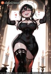 ai_generated asmutcriminal bangs bare_shoulders black_gloves black_hair black_legwear blush breasts cleavage curtains dress earrings elbow_gloves eyebrows_visible_through_hair female gloves hair_between_eyes hair_ornament heart heart-shaped_pupils indoors jewelry large_breasts long_hair looking_at_viewer on_desk open_mouth red_eyes smile solo standing sweat symbol-shaped_pupils tagme thighhighs thighs very_long_hair window