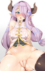 2016 animal_humanoid areola areola_slip blue_eyes blush bottomless breasts clothed clothing female granblue_fantasy hair hair_over_eye horns humanoid legwear long_hair narmaya_(granblue_fantasy) open_mouth pingqiong_xiansheng pink_hair pointy_ears pussy sheep_humanoid shirt simple_background solo stockings thigh_highs white_background