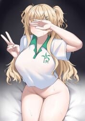 absurdres blonde_hair blush bottomless breasts closed_mouth collared_shirt commentary_request covering_own_eyes female hair_ornament highres jiangyou_dang kantai_collection large_breasts long_hair minneapolis_(kancolle) minneapolis_(tennis)_(kancolle) pussy shirt short_sleeves simple_background sitting solo sweat two_side_up v white_shirt