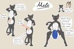 anthro aroused balls barely_contained big_balls big_penis black_body black_fur black_horn blue_clothing blue_underwear blush bovid brown_hair caprine cheek_tuft chest_tuft clothing duo erection facial_tuft felid feline female flaccid fur genitals goat hair heterochromia horn huge_balls huge_cock hyper hyper_balls hyper_genitalia hyper_penis implied_penis_expansion long_ears looking_away male male_focus mammal maya_(trwawynt1) measurements milo_(trwawynt1) nude penis plushie red_cheeks short_hair shy simple_background sitting speech_bubble standing text trwawynt1 tuft underwear vein white_body white_fur yellow_eyes