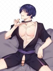 blush cock cock_slip collar collar_pull cum exposed_chest genshin_impact jianrousus male_only rourouki scaramouche_(genshin_impact) squirting tongue_out