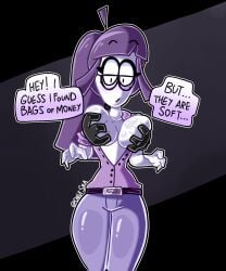 1female 1girls 2026 breasts breasts_out breasts_squeezed_together glasses hands_on_breasts lila_(spooky_month) mature_female milf mommy mother onixsea ponytail purple_hair shocked skinny_jeans spooky_month squish squished_breasts sr_pelo