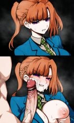 sara_chidouin your_turn_to_die kimi_ga_shine ai_generated orange_hair ponytail braid purple_eyes 2koma school_uniform necktie clothed huge_breasts exposed_breasts grabbing_own_breast squeezing_breast teary_eyes annoyed_expression frustrated penis_on_face big_penis veiny_penis leaking_cum cum_on_face biting_lip forced free_use